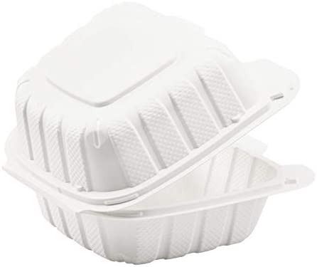 Emerald 6-in x 6-in x 3-in White Hinged 1-Compartment Clamshell Food Containers are constructed with up to 40% mineral content and are a great eco-friendly alternative to styrofoam or other plastic style take-out food containers