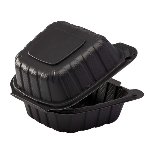 Emerald 6-in x 6-in x 3-in Black Hinged 1-Compartment Clamshell Food Containers are constructed with up to 40% mineral content and are a great eco-friendly alternative to styrofoam or other plastic style take-out food containers