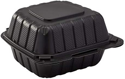 Emerald 6-in x 6-in x 3-in Black Hinged 1-Compartment Clamshell Food Containers are constructed with up to 40% mineral content and are a great eco-friendly alternative to styrofoam or other plastic style take-out food containers