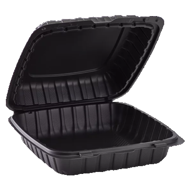 Emerald 8-in x 8-in x 3-in Black Hinged 1-Compartment Clamshell Food Containers are constructed with up to 40% mineral content and are a great eco-friendly alternative to styrofoam or other plastic style take-out food containers. 
