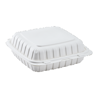 Emerald 8-in x 8-in x 3-in White Hinged 1-Compartment Clamshell Food Containers are constructed with up to 40% mineral content and are a great eco-friendly alternative to styrofoam or other plastic style take-out food containers. 