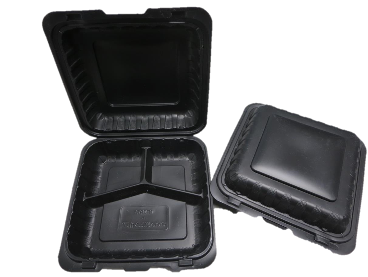 8833B Emerald Mineral Filled Hinged Food Containers, 8-in x 8-in x-3-in, 3 Compartment Black