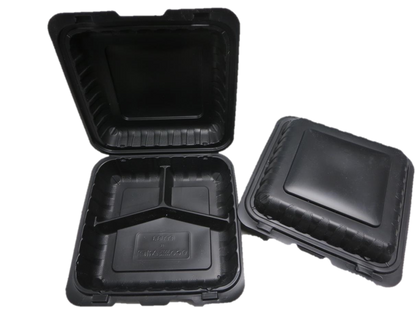 8833B Emerald Mineral Filled Hinged Food Containers, 8-in x 8-in x-3-in, 3 Compartment Black