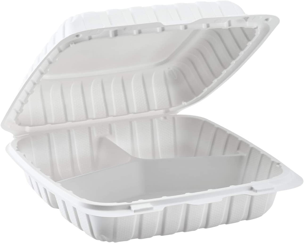 8833W Emerald Mineral Filled Hinged Food Containers, 8-in x 8-in x-3-in, 3 Compartment White