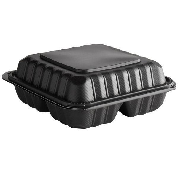 9933B Emerald Black Mineral Filled Hinged Food Containers, 9-in x 9-in x-3-in, 3 Compartment (150ct)