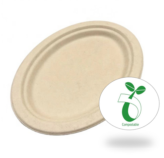 Reduce landfill with these premium biodegradable 10-inch x 7-inch Oval Bagasse Molded Plates constructed with sugarcane fibers.