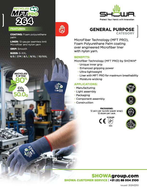 SHOWA® RECYCLED MFT PRO GP264E Sustainable General Purpose Work Gloves, Foam PU Coated