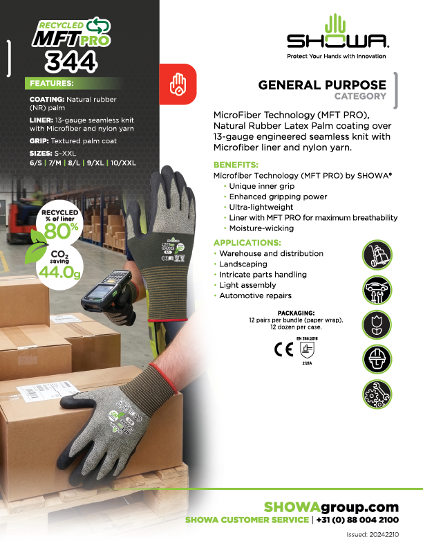 SHOWA® RECYCLED MFT PRO GP344E Sustainable General Purpose Work Gloves, Natural Rubber Coated