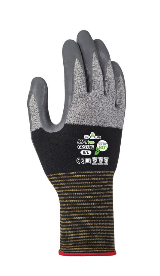 SHOWA® RECYCLED MFT PRO GP374E Sustainable General Purpose Work Gloves, Flat Nitrile Palm