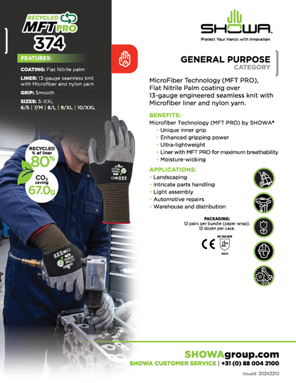 SHOWA® RECYCLED MFT PRO GP374E Sustainable General Purpose Work Gloves, Flat Nitrile Palm