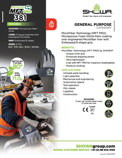 SHOWA® RECYCLED MFT PRO GP381E Eco-Conscious General Purpose Work Gloves, Microporous Foam Nitrile