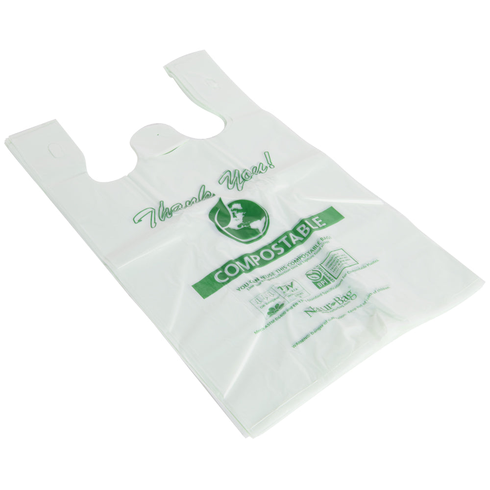 Engineered to carry heavy loads, these 16-1/2in x 19-1/2in ASTM D6400 compostable shopper bags will help reduce landfill volume, micro-plastic pollution and does not contain no BPA or PFAS. 