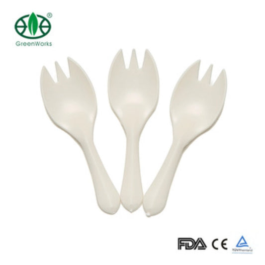 These 100% biodegradable white bioplastic taster spoons are made from corn polymers, starches and complementary ingredients to create a blend that's biodegradable in landfill.