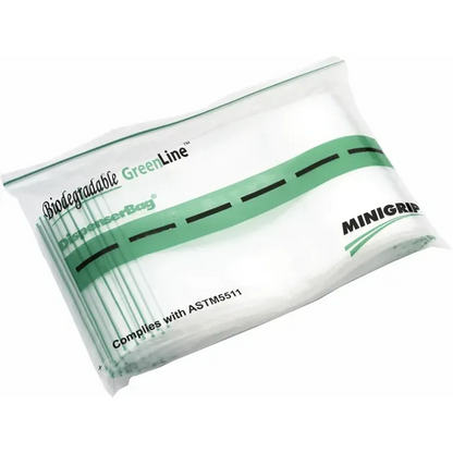 Environmentally friendly GreenBran 2-mil low density 2" x 2" zipper bags meet ASTM D5511 for Biodegradable disposal in anaerobic solid-waste-treatment plants and meet FDA and USDA specifications for food contact.