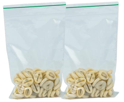 Environmentally friendly GreenBran 2-mil low density 2" x 3" zipper bags meet ASTM D5511 for Biodegradable disposal in anaerobic solid-waste-treatment plants and meet FDA and USDA specifications for food contact.