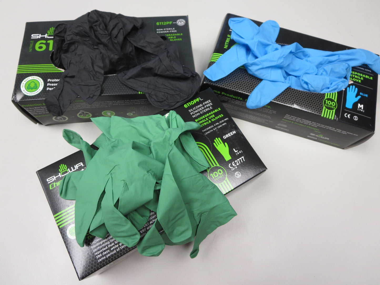 These GreenCircle® Certified Showa® Single-Use Powder-Free Latex-Free 4-mil Nitrile Gloves with EBT (Eco-Best Technology®) accelerated biodegradation decomposes 82% in 386 days and are available in blue, green and black colors