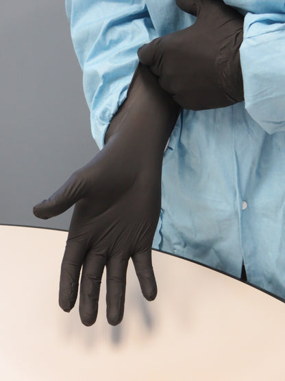 These accelerator-free sensitive skin Showa® 7700PFT Single-Use Powder-Free Latex-Free 4-mil Black Nitrile Gloves with EBT (Eco-Best Technology®) accelerated biodegradation decomposes 82% in 386 days.