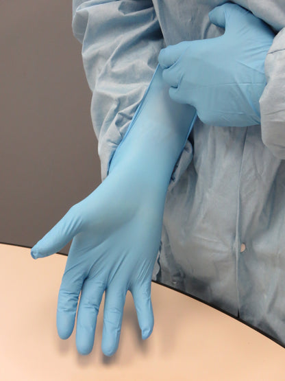 These Showa® 8005PF Single-Use Latex-Free Blue 8-mil Nitrile Examination Gloves with EBT (Eco-Best Technology®) achieve 82% biodegradation in 386 days. 