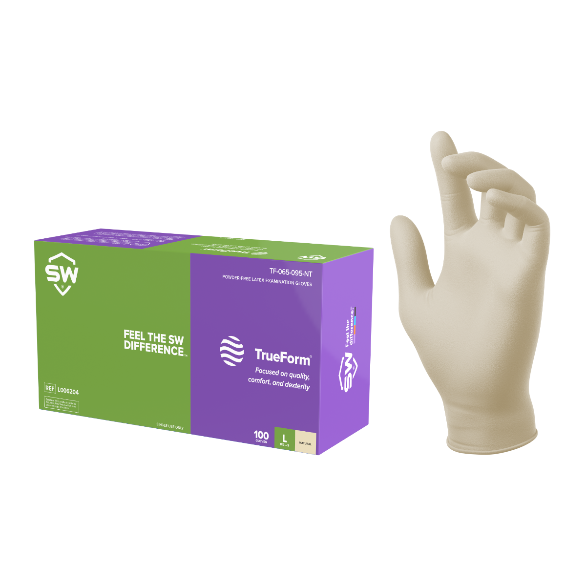 SW® TrueForm® TF-95NT Powder-Free Latex Examination Gloves, 5.5-mil, 100ct
