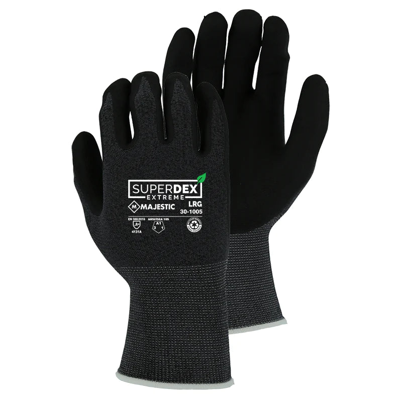 These Majestic® 30-1005 SuperDex black foam nitrile coated A1 cut safety work gloves are constructed with a black 15-gauge rPET glove shell featuring yarn made from discarded P.E.T water bottles