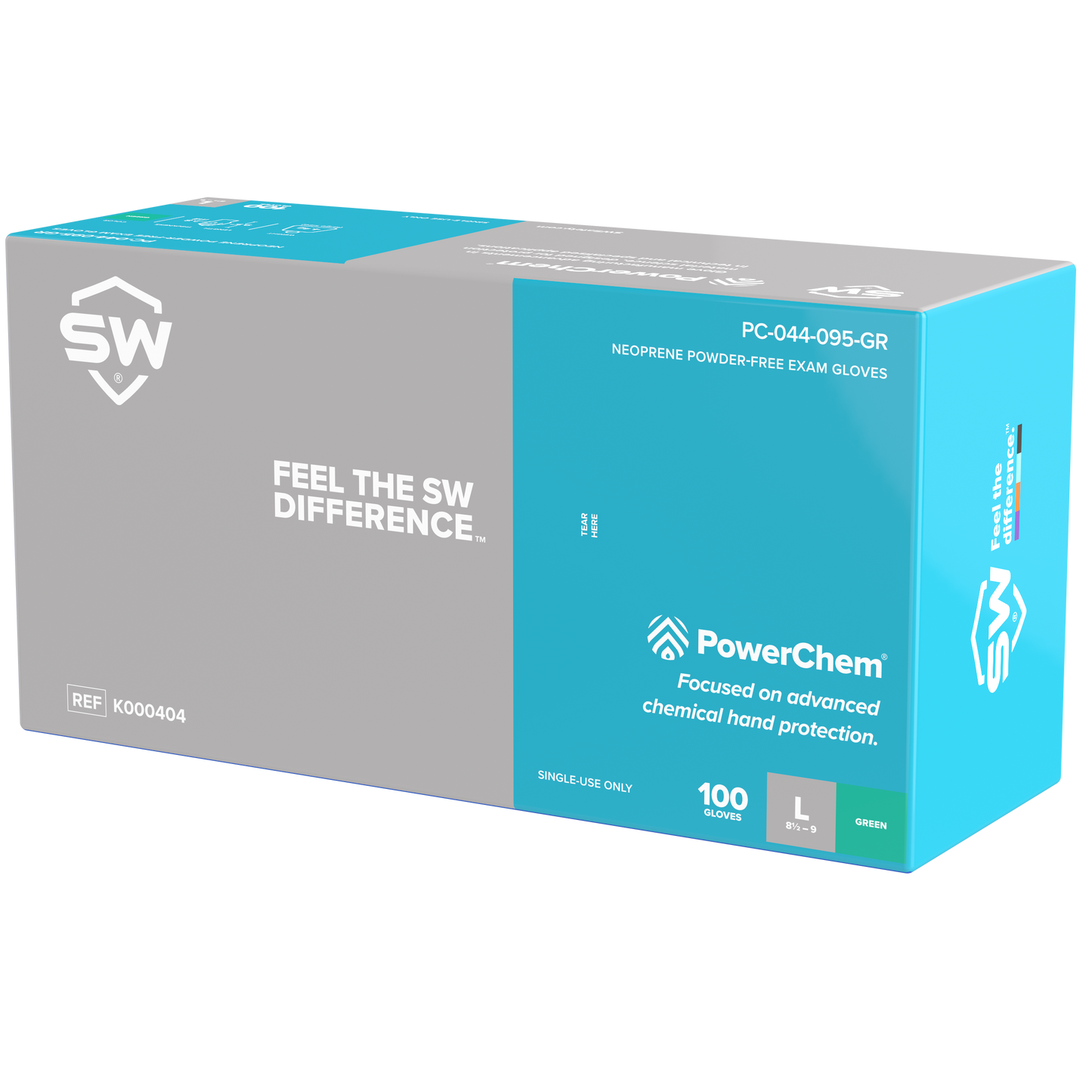 SW® PowerChem® PC-045-095GR Powder-Free Neoprene Single-Use Gloves, 3.5-mil, 100ct