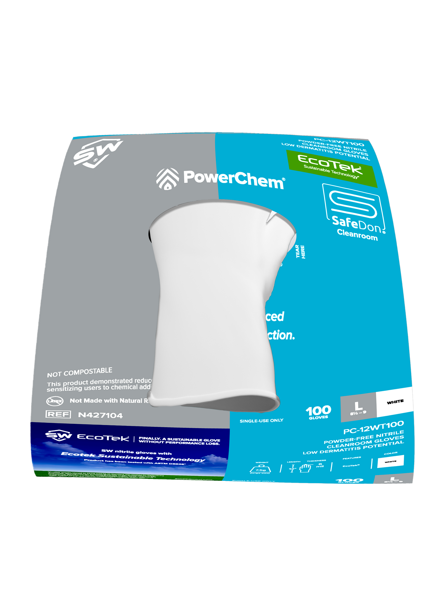 SW® PowerChem® PC-12WT100 EcoTek® Sustainable Nitrile Cleanroom Gloves, 12", 100ct