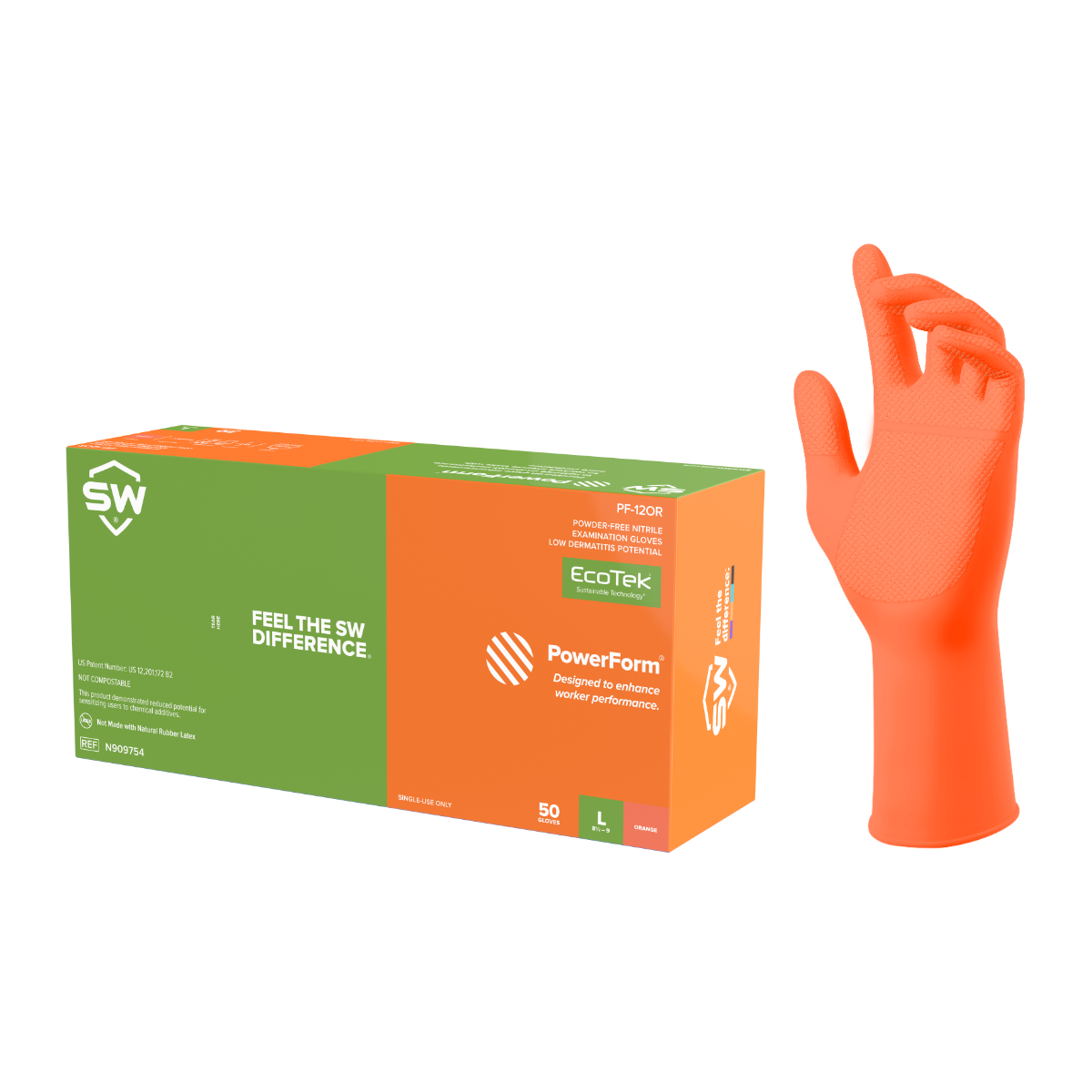 SW® PowerForm® PF-12OR Powder-Free EcoTek® Sustainable Nitrile Extended-Cuff Examination Gloves, 12", 50ct