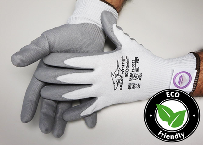 Great White® G-Tek ECOSeries 19-D322 PU Coated Dyneema® Diamond A4  Seamless Knit Cut-Resistant Work Gloves utilizes Bio-Based Fibers From P.E.T. Water Bottles
