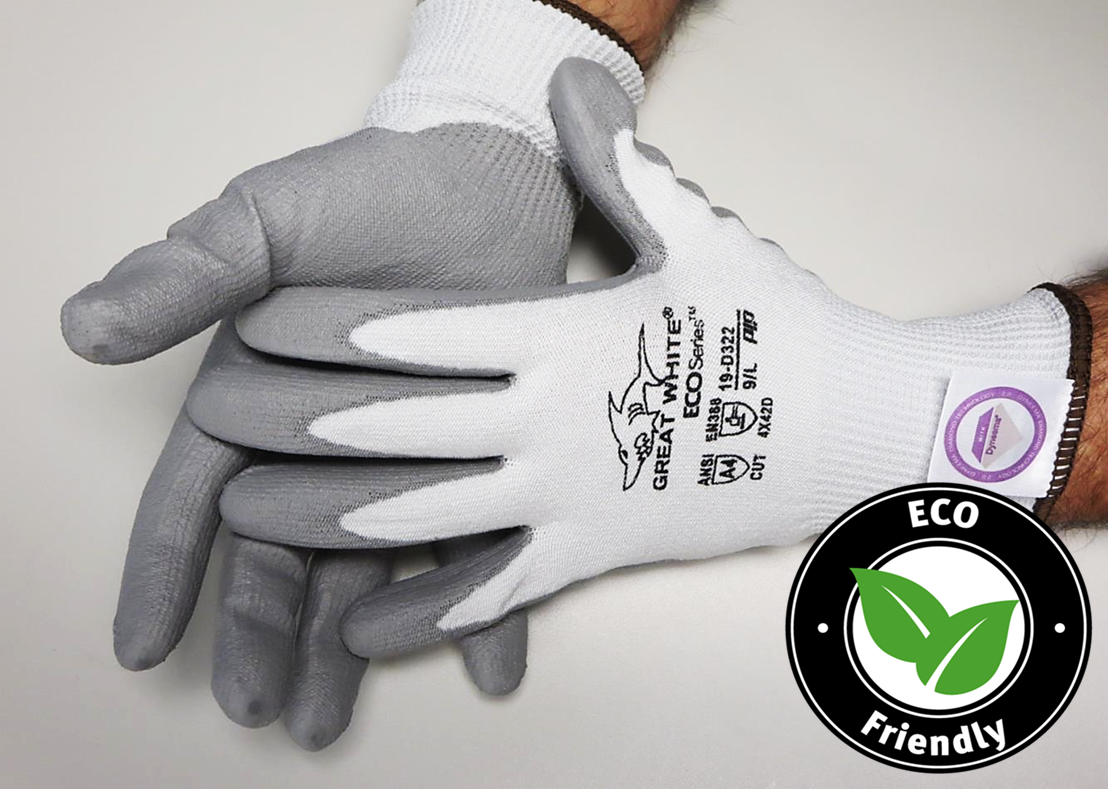 Great White® G-Tek ECOSeries 19-D322 PU Coated Dyneema® Diamond A4  Seamless Knit Cut-Resistant Work Gloves utilizes Bio-Based Fibers From P.E.T. Water Bottles