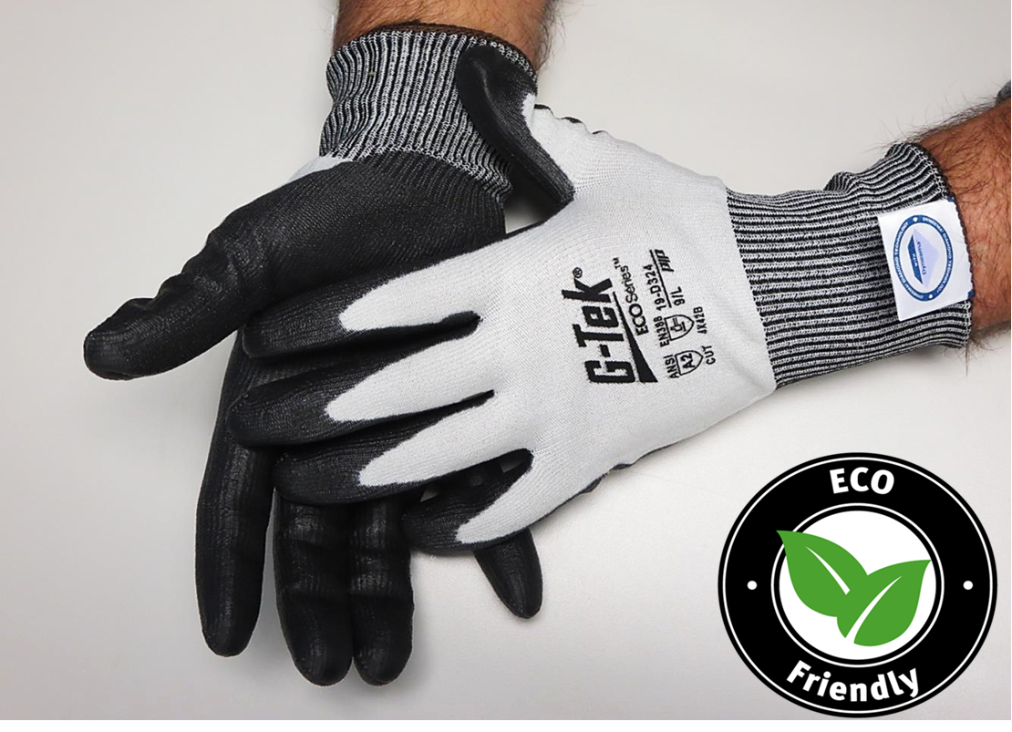 Divert landfill with these sustainable G-Tek® 19-D324 ECO Series™ Dyneema® PU coated cut level A2 industrial work safety gloves from PIP® - uses the latest in bio-based and recycled fiber technologies derived from discarded P.E.T. bottles.