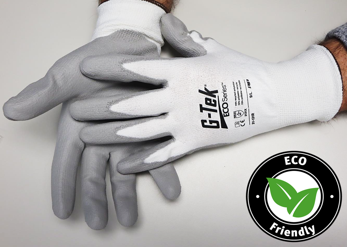 PIP® G-Tek® ECOSeries 13-gauge seamless knit work gloves with nitrile foam palm coating feature a blended liner of fibers made of 90% recycled P.E.T. water bottles and 10% Elastane for comfort, dexterity, breathability.