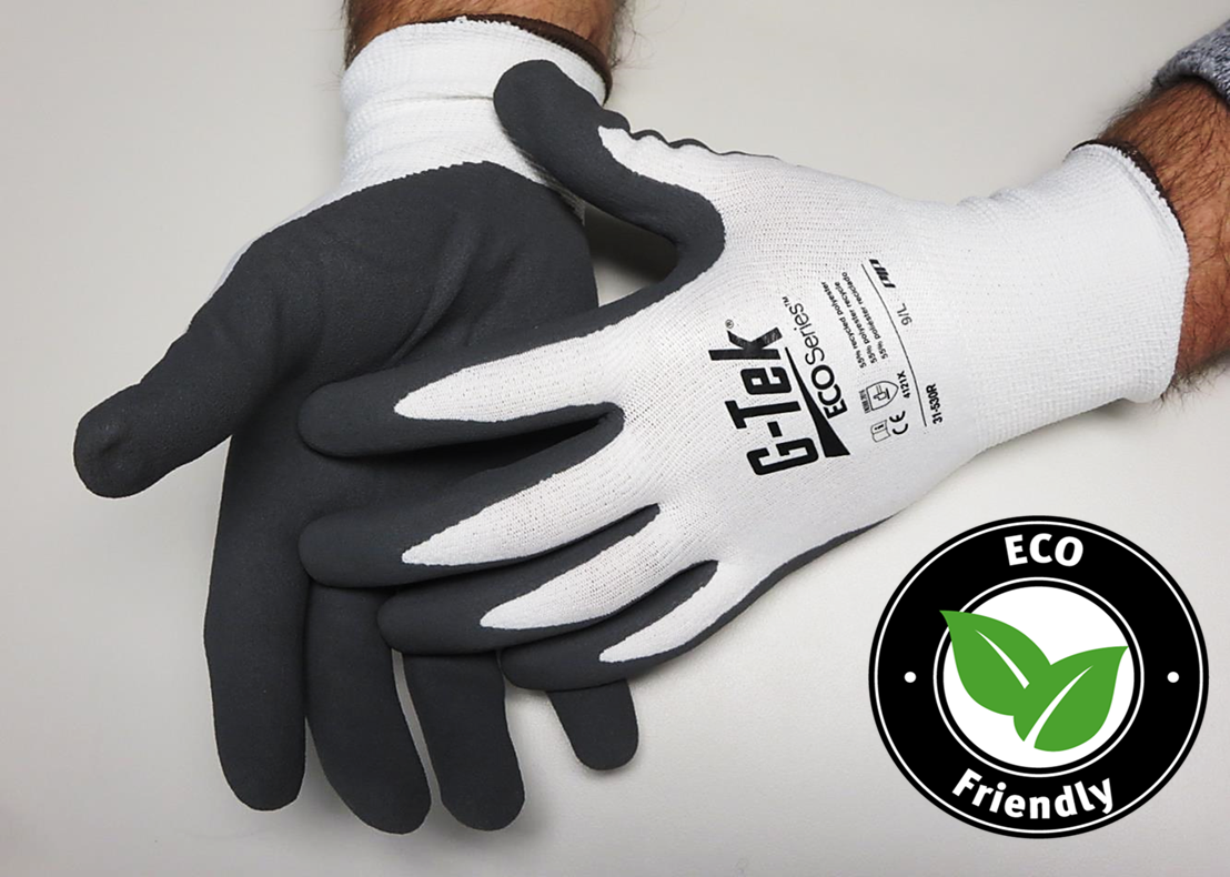 PIP® G-Tek® ECOSeries 31-530R sustainable work gloves with nitrile microsurface palm coating are made bio-based fibers made from recycled P.E.T. water bottles