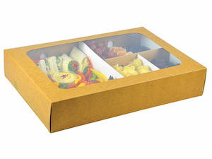 Vegware™ regular size (12.2" x 8.9" x 3.2")  kraft platter boxes feature sustainable paperboard and a generous clear window that's fully laminated with plant-based PLA. 