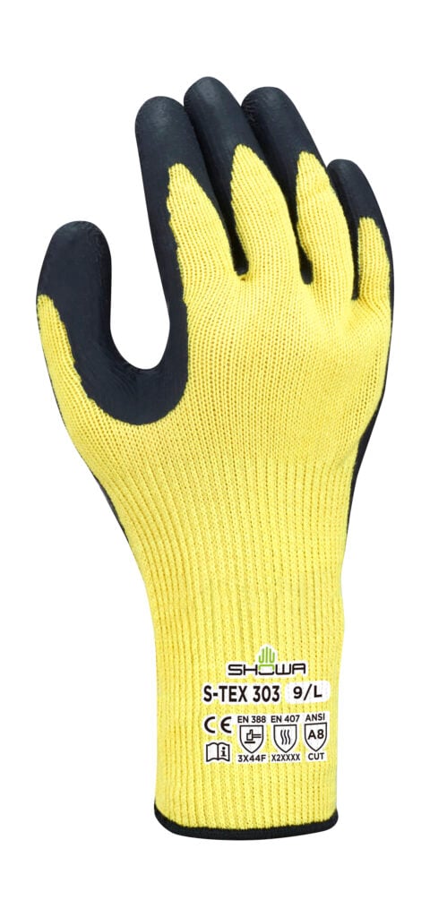 SHOWA® S-TEX® 303 Natural Rubber Kevlar® Stainless Steel Cut-Resistant Glove, ANSI A8, Yellow/Black