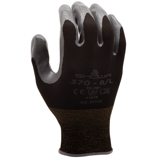 SHOWA® ATLAS® 370B Nitrile Palm-Dipped Grip Glove, Black/Grey, Lint-Free