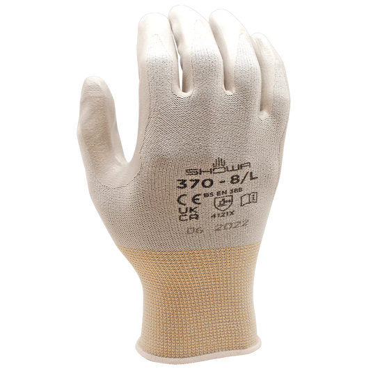 SHOWA® ATLAS® 370W Nitrile Palm-Dipped Grip Glove, White/Grey, Lint-Free