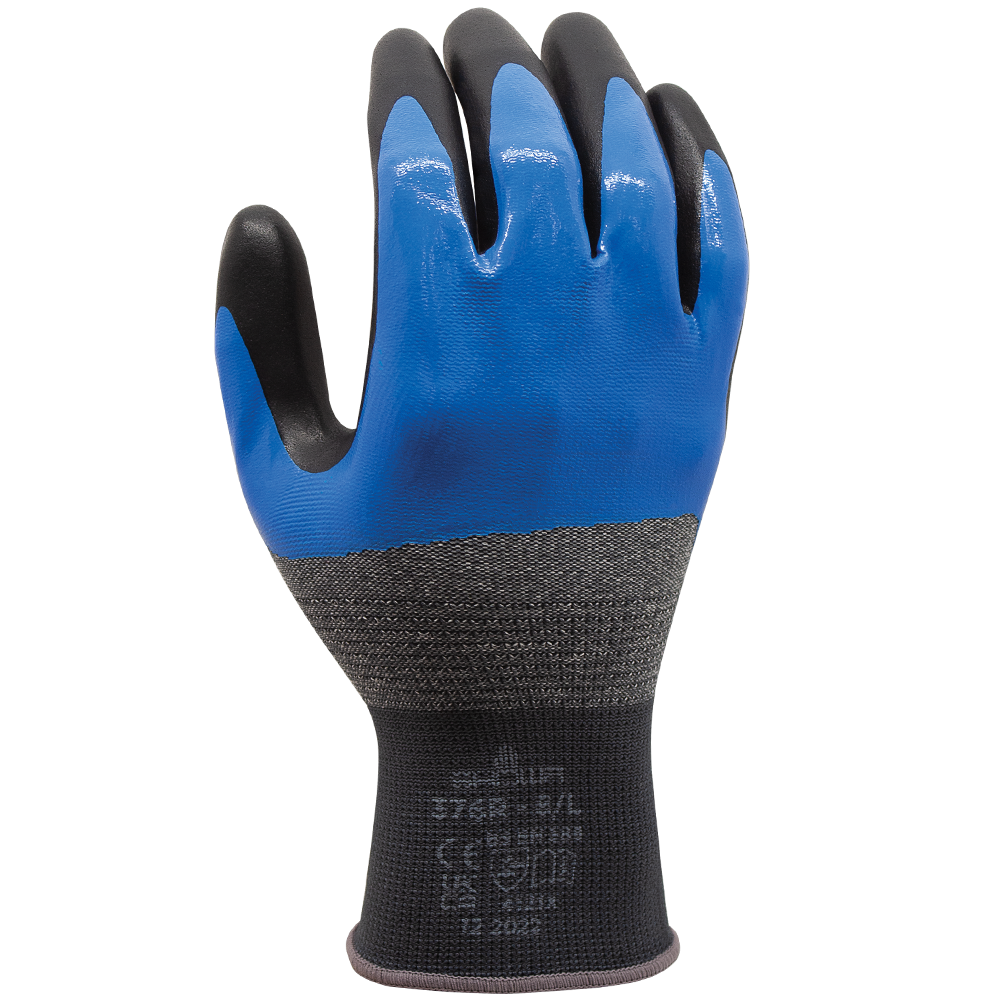 SHOWA® 376 Nitrile Foam Grip Glove, 3/4 Coated, Blue/Black