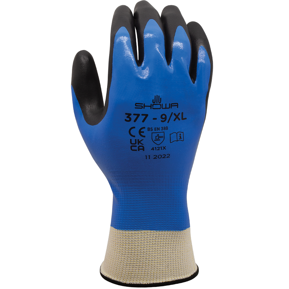 SHOWA® 377 Nitrile Foam Grip Glove, Full Coated, Blue/Black