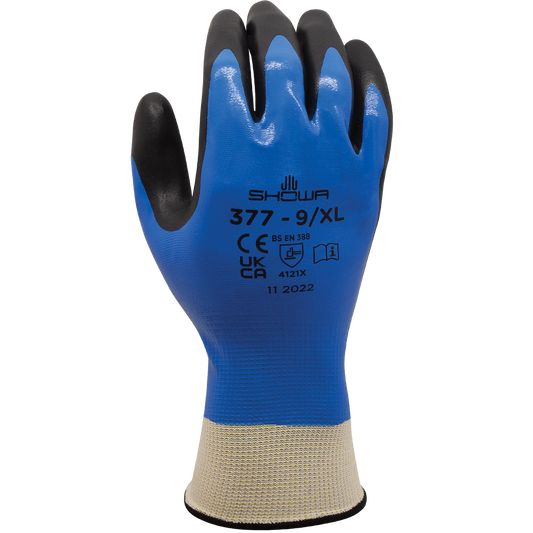 SHOWA® 377 Nitrile Foam Grip Glove, Full Coated, Blue/Black