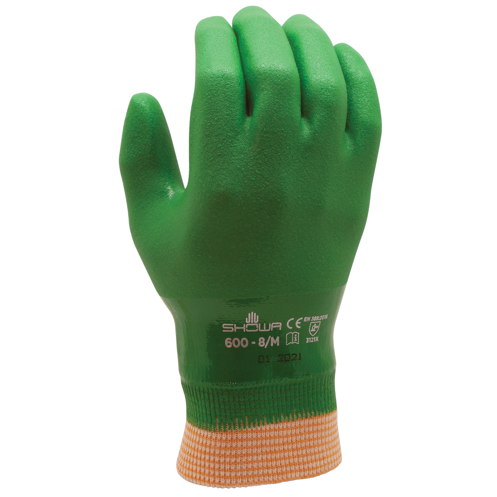 SHOWA® ATLAS® 600 Chemical-Resistant PVC Fully-Coated Glove, Green, Rough Finish