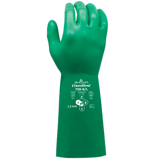 SHOWA 729 Chemical Resistant Nitrile Gloves, Diamond Grip, Unlined, 15-mil