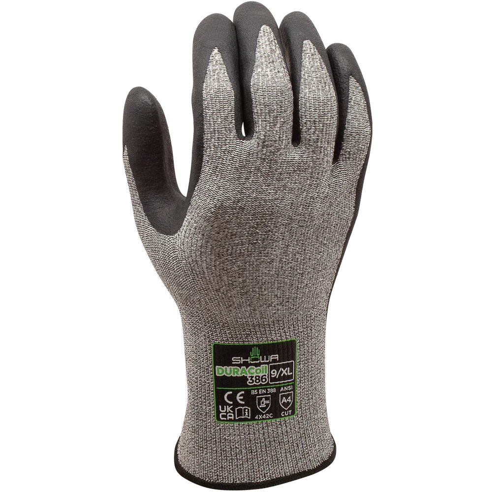 SHOWA® DURACoil™ 386 Embossed Foamed Nitrile Cut-Resistant Glove, ANSI A4, Black