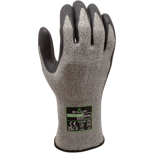 SHOWA® DURACoil™ 386 Embossed Foamed Nitrile Cut-Resistant Glove, ANSI A4, Black