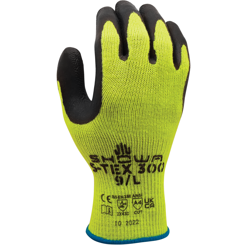 SHOWA® S-TEX® 300 Natural Rubber Stainless Steel Cut-Resistant Glove, ANSI A4, Hi-Vis Yellow/Black