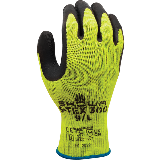 SHOWA® S-TEX® 300 Natural Rubber Stainless Steel Cut-Resistant Glove, ANSI A4, Hi-Vis Yellow/Black