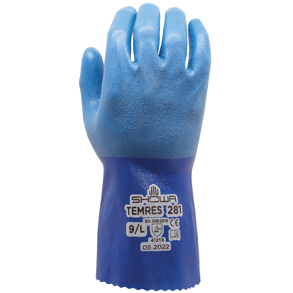 SHOWA® TEM€¢RES® 281 Liquid-Proof Polyurethane Grip Glove, Blue, 10.8"