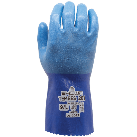 SHOWA® TEM€¢RES® 281 Liquid-Proof Polyurethane Grip Glove, Blue, 10.8"