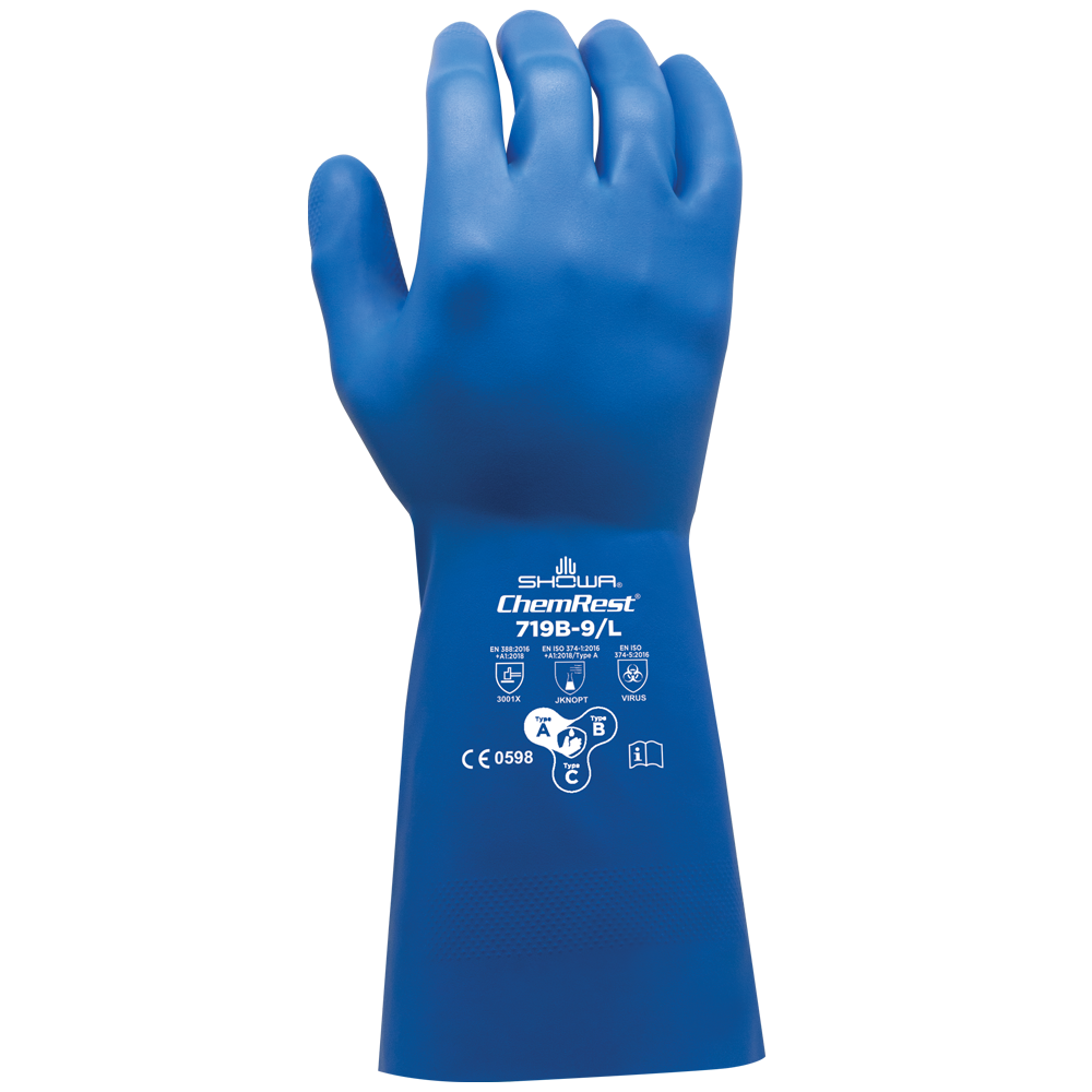 SHOWA 719B Chemical Resistant Nitrile Gloves, Diamond Grip, Blue, 330mm