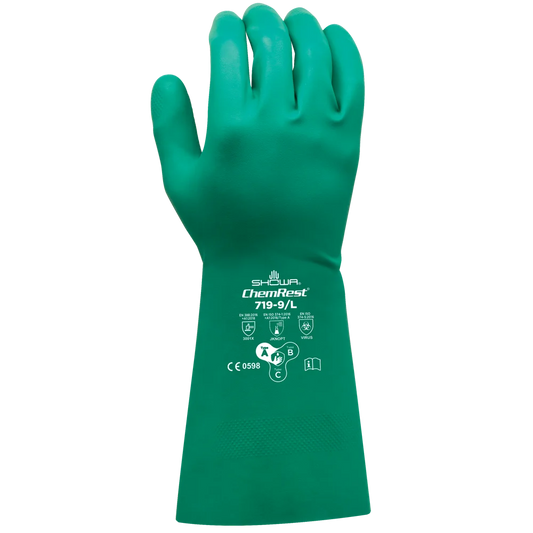SHOWA 719 Chemical Resistant Nitrile Gloves, Diamond Grip, Unlined, 330mm