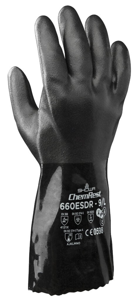 SHOWA® 660ESD Anti-Static PVC Fully Coated Chemical-Resistant Glove, 12" Black